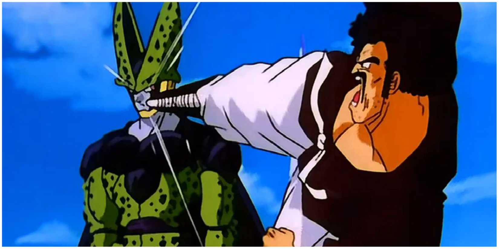 Mr. Satan kicking cell during cell games in dragon ball z