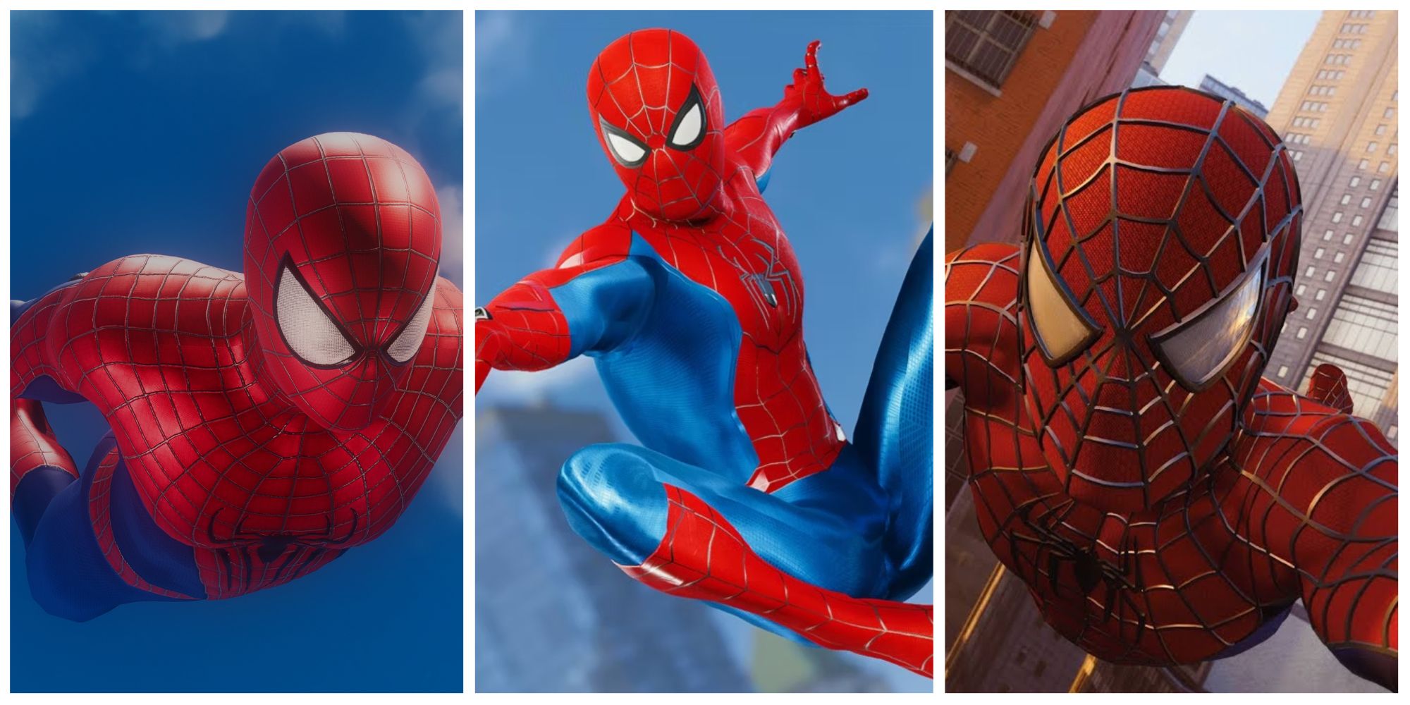 andrew garfield, tobey maguire, tom holland spider-man suits in pc marvel spider-man 
