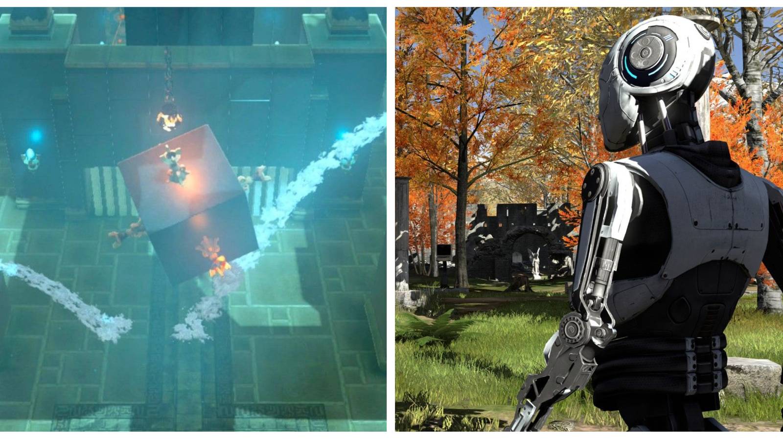 Left: A shrine puzzle from Breath of the Wild. Right: The white robot from The Talos Principle.