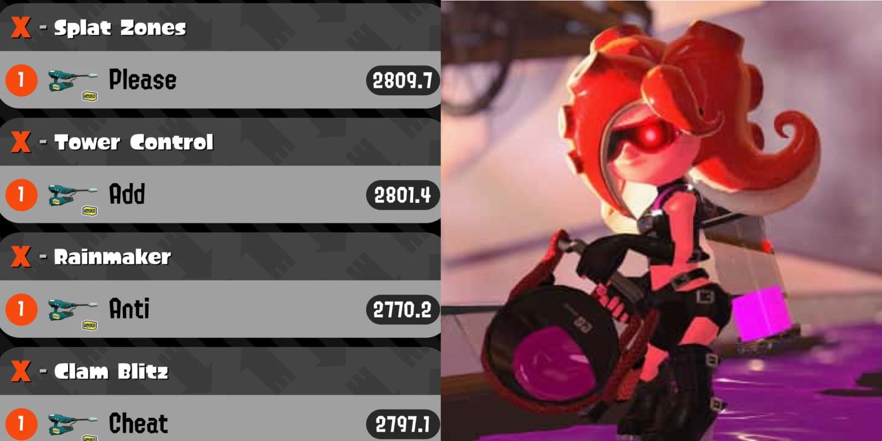 Split image of anti-cheat leaderboard and octoling enemy.