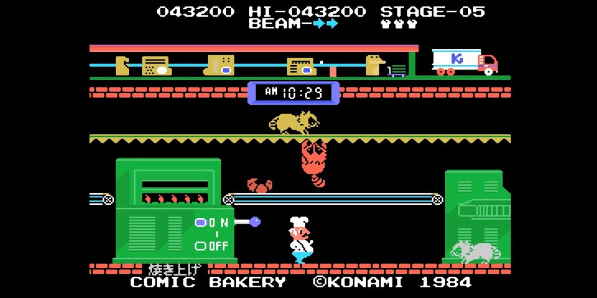 Еноты роятся в пекарне в Comic Bakery, пока игрок пытается от них отбиться.