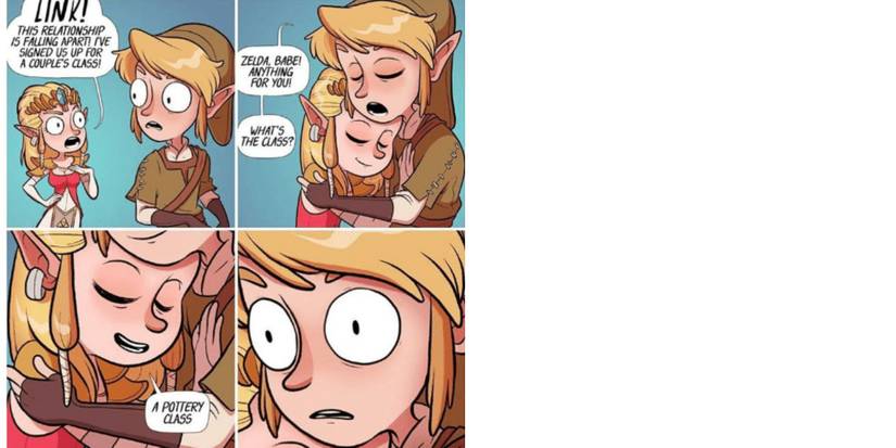 4 Panel comic, Zelda has signed her and link up for a pottery class