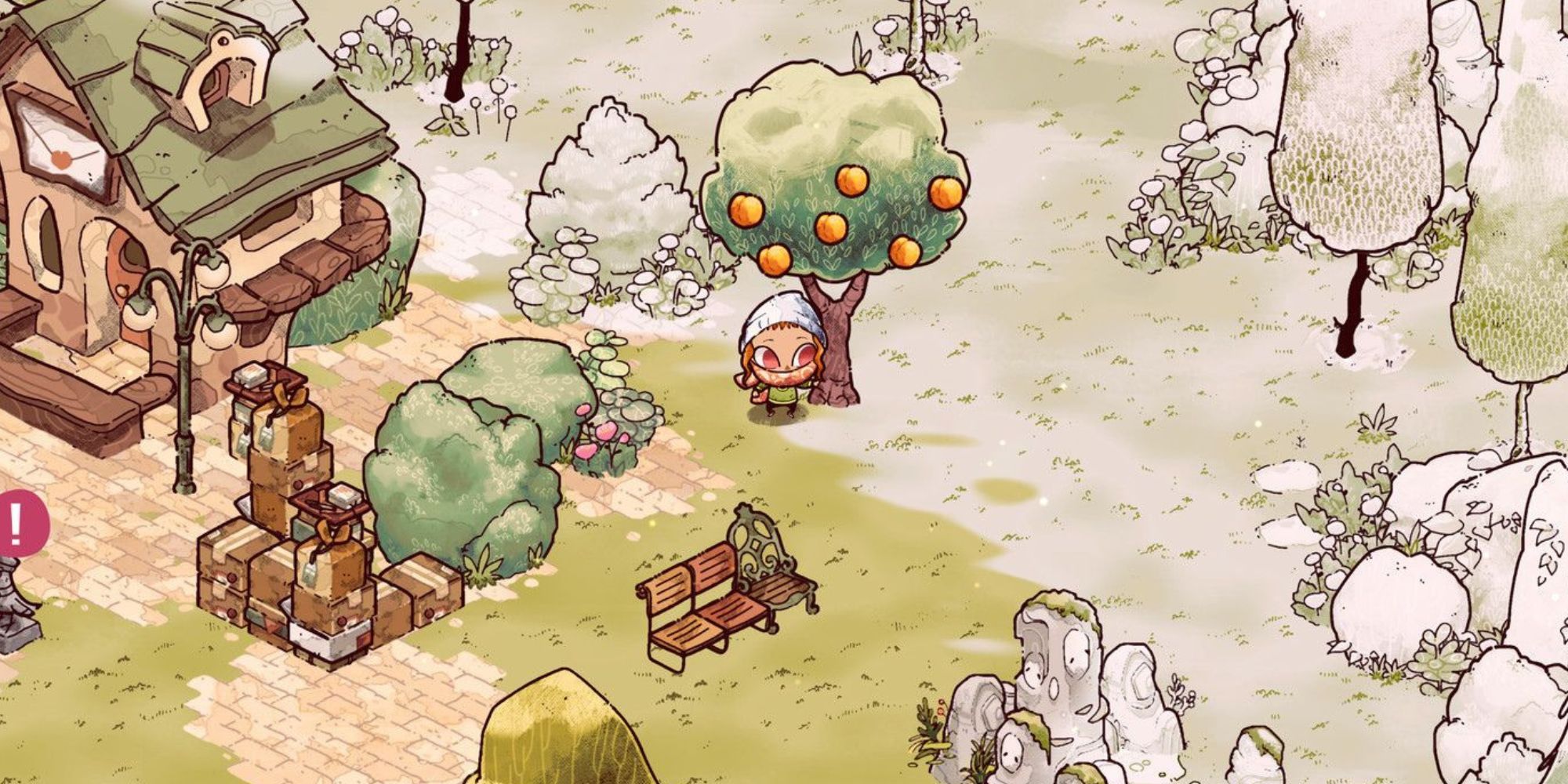 The player standing next to a tree Cozy Grove with half the world colored and half left blank
