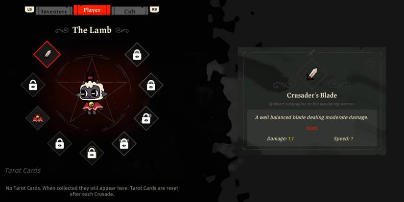 Crusader Sword inventory screen cult of the lamb