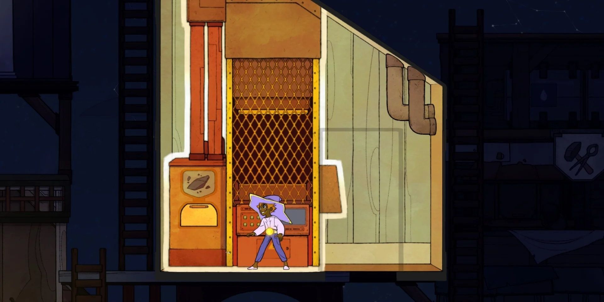 The player is standing in the Crusher building in Spiritfarer