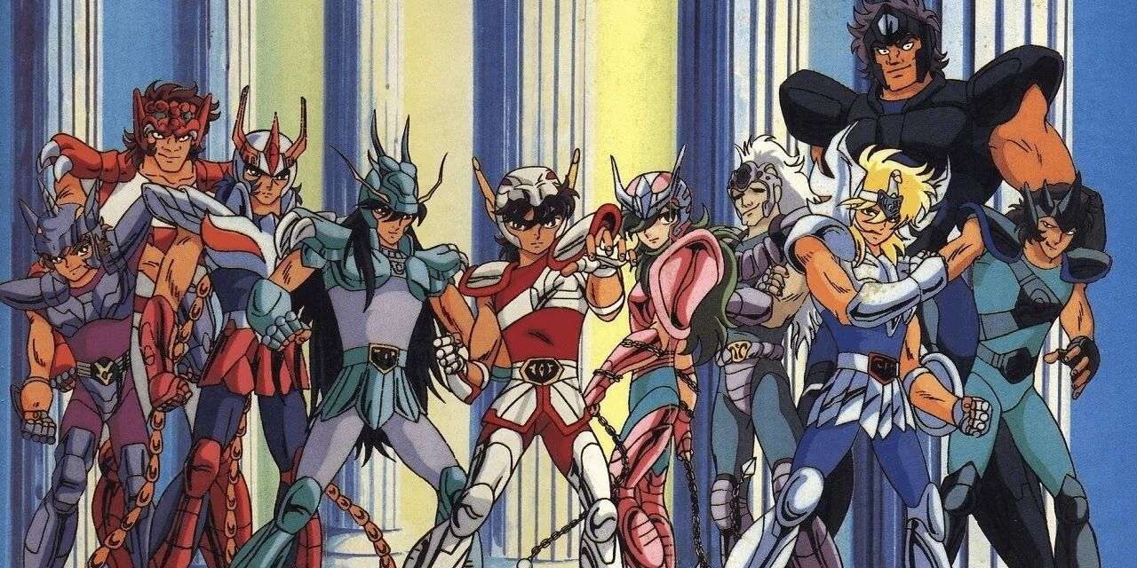 A group of warriors from Saint Seiya standing togehter