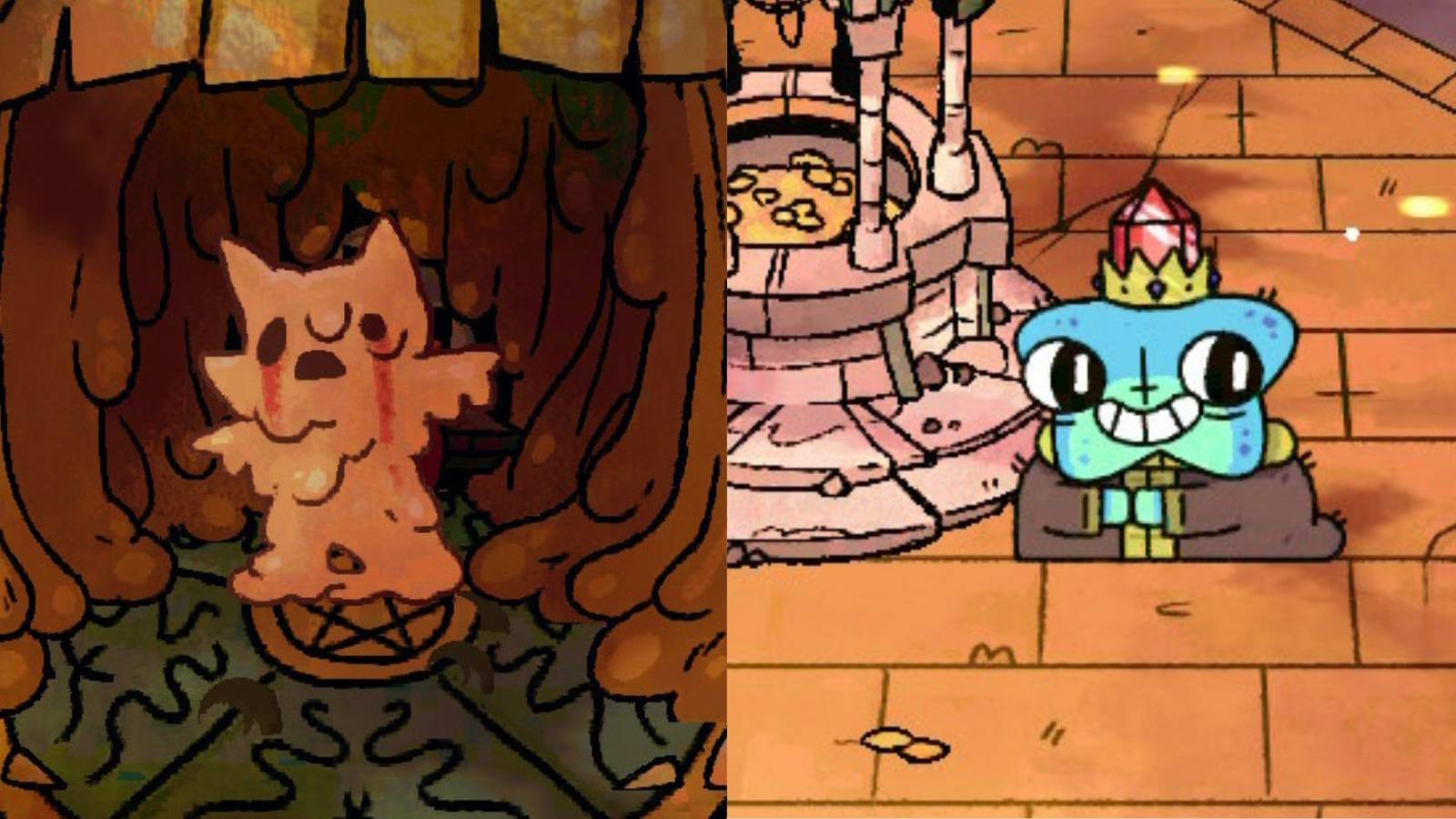 The screenshot of a sacrificed follower (left) and Midas (Right) in Cult Of The Lamb