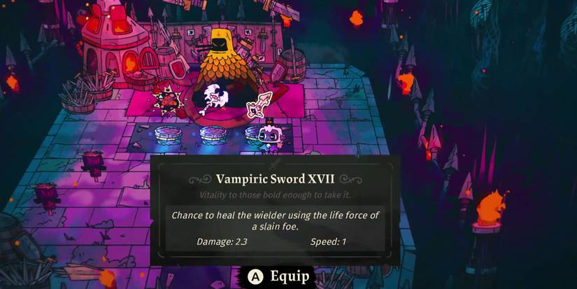 Cult of the Lamb - Lamb Looking At A Vampiric Sword In The Shop