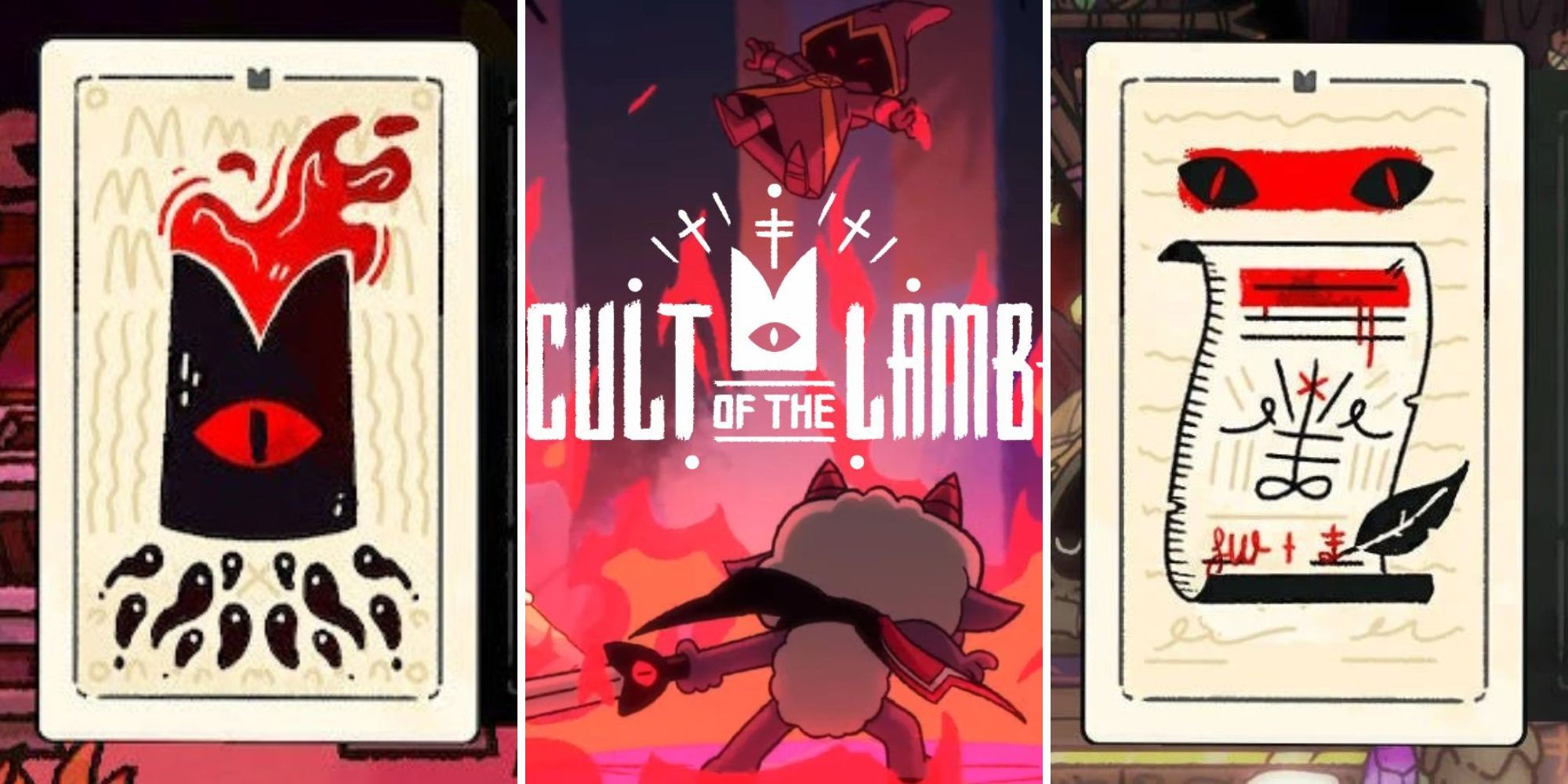 карты Таро и арт из игры Cult of The Lamb, на нем изображены карты Fervour's Harvest и The Deal Tarot Card.