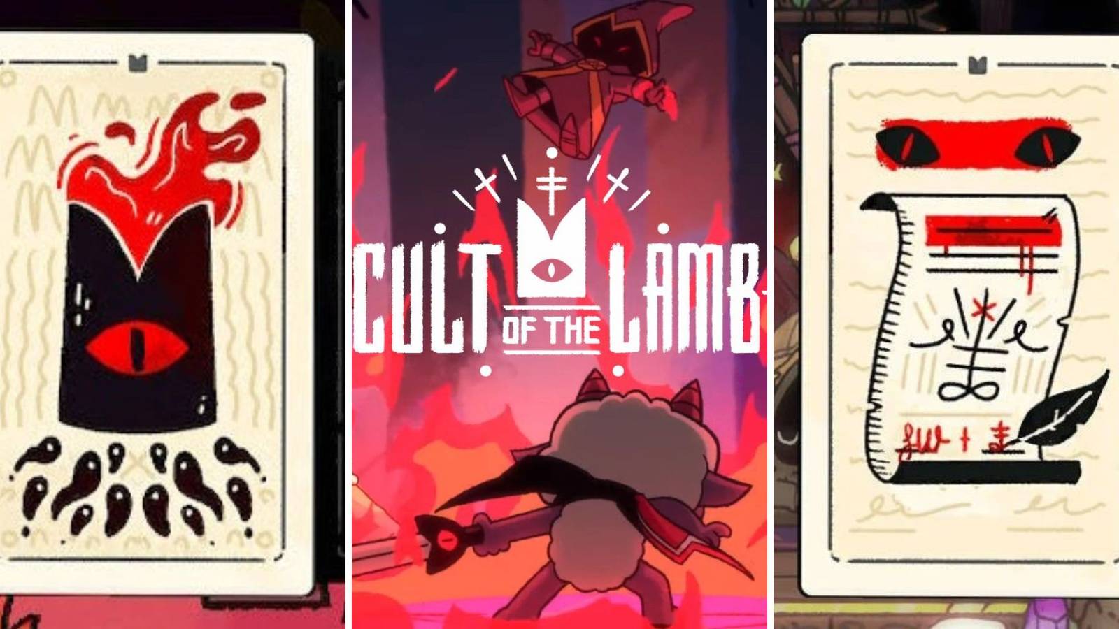 tarot cards and art from the game Cult of The Lamb, it shows the Fervour's Harvest and The Deal Tarot Card art