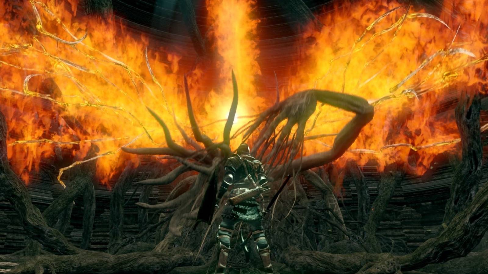 A screenshot showing the player character in front of the Bed of Chaos boss from Dark Souls.