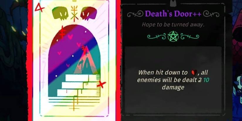 Death's Door tarot card from Cult of The Lamb, it shows an archway and a staircase that leads to the grim reaper, the card is rainbow due to being a better quality