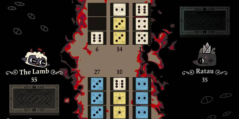 A knucklebones game in Cult of The Lamb against Ratau where the player has a triple two and three, as well as a double one while Ratau has a double three