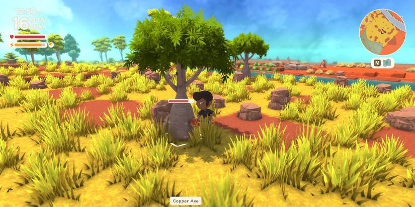 Chopping a tree while exploring in Dinkum