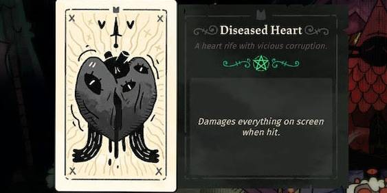 Diseased Heart tarot card from Cult of The Lamb, it shows a black and corrupted heart with eyes and black liquid leaking from it