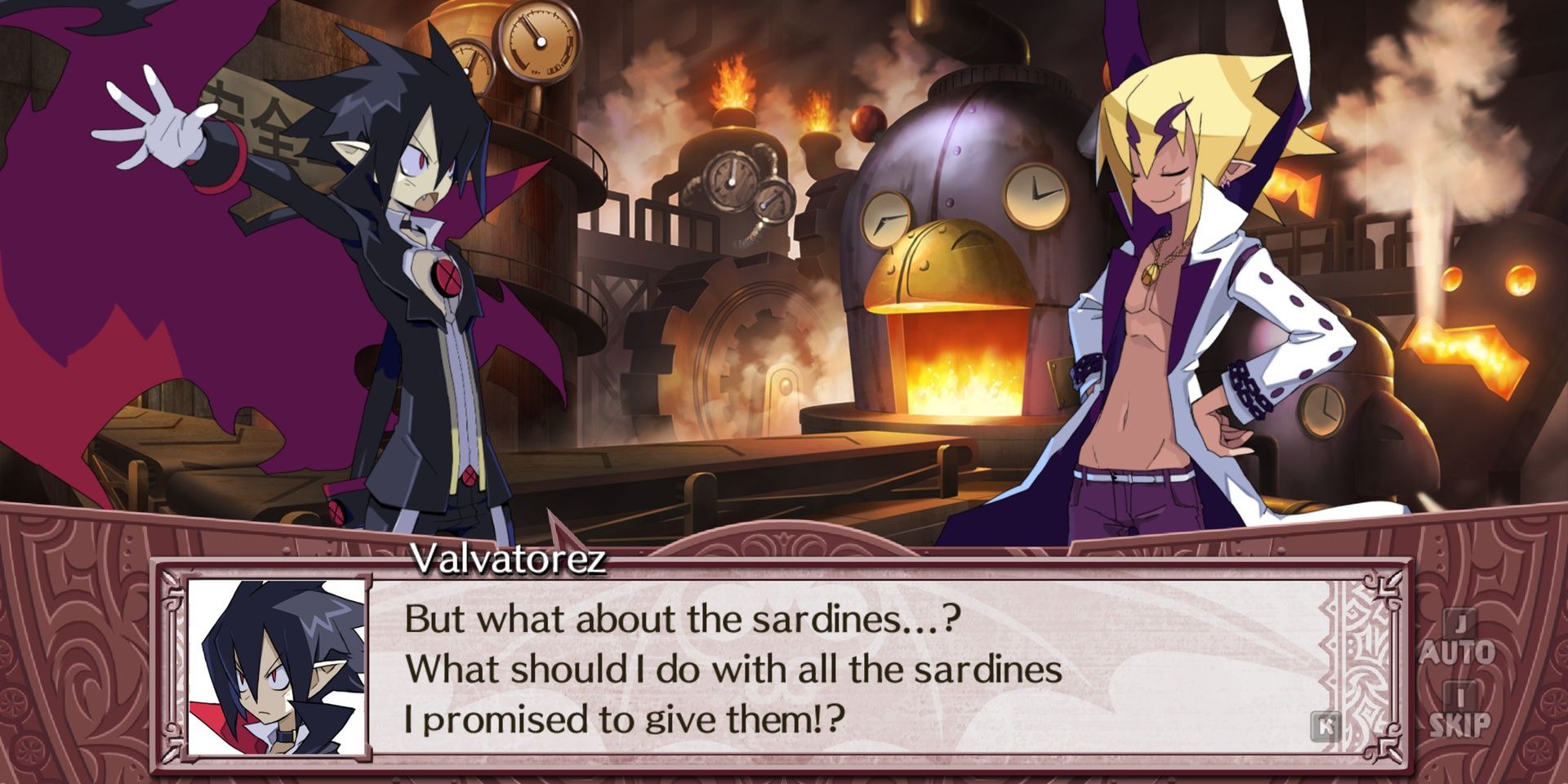 Valvatorez says "But what about the sardines...? What should I do with all the sardines I promised to give them!?" in Disgaea 4