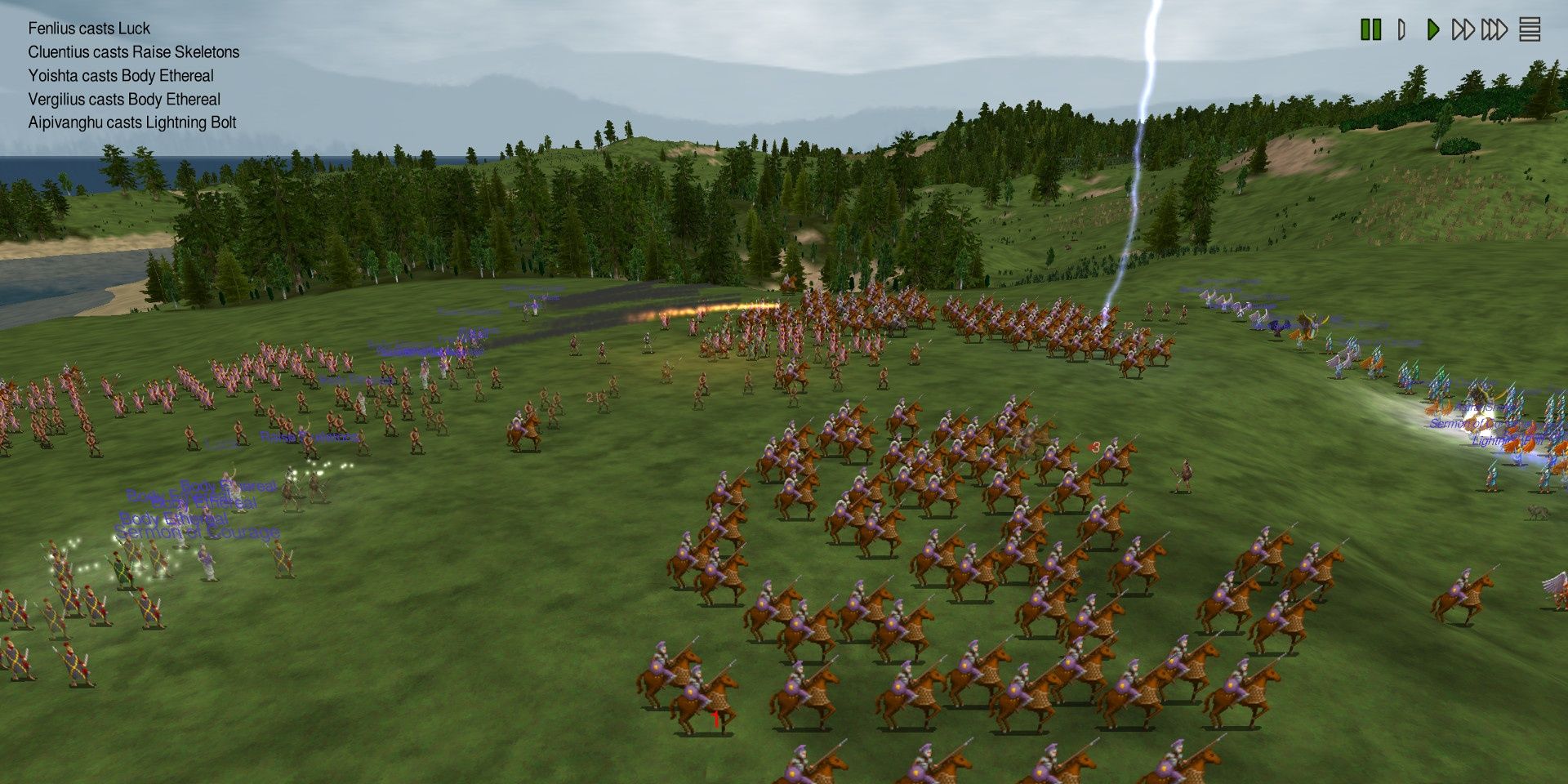 A large battlefield showing cavalry unit and some being struck by lightning in Dominions 5: Warriors of the Faith