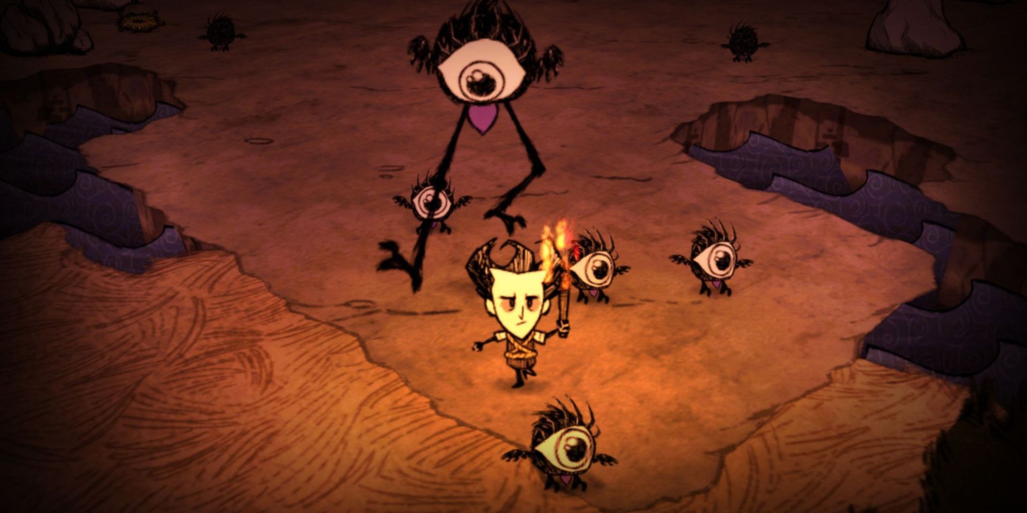 Player running from Teenbird and Tallbird in Dont Starve while holding a torch