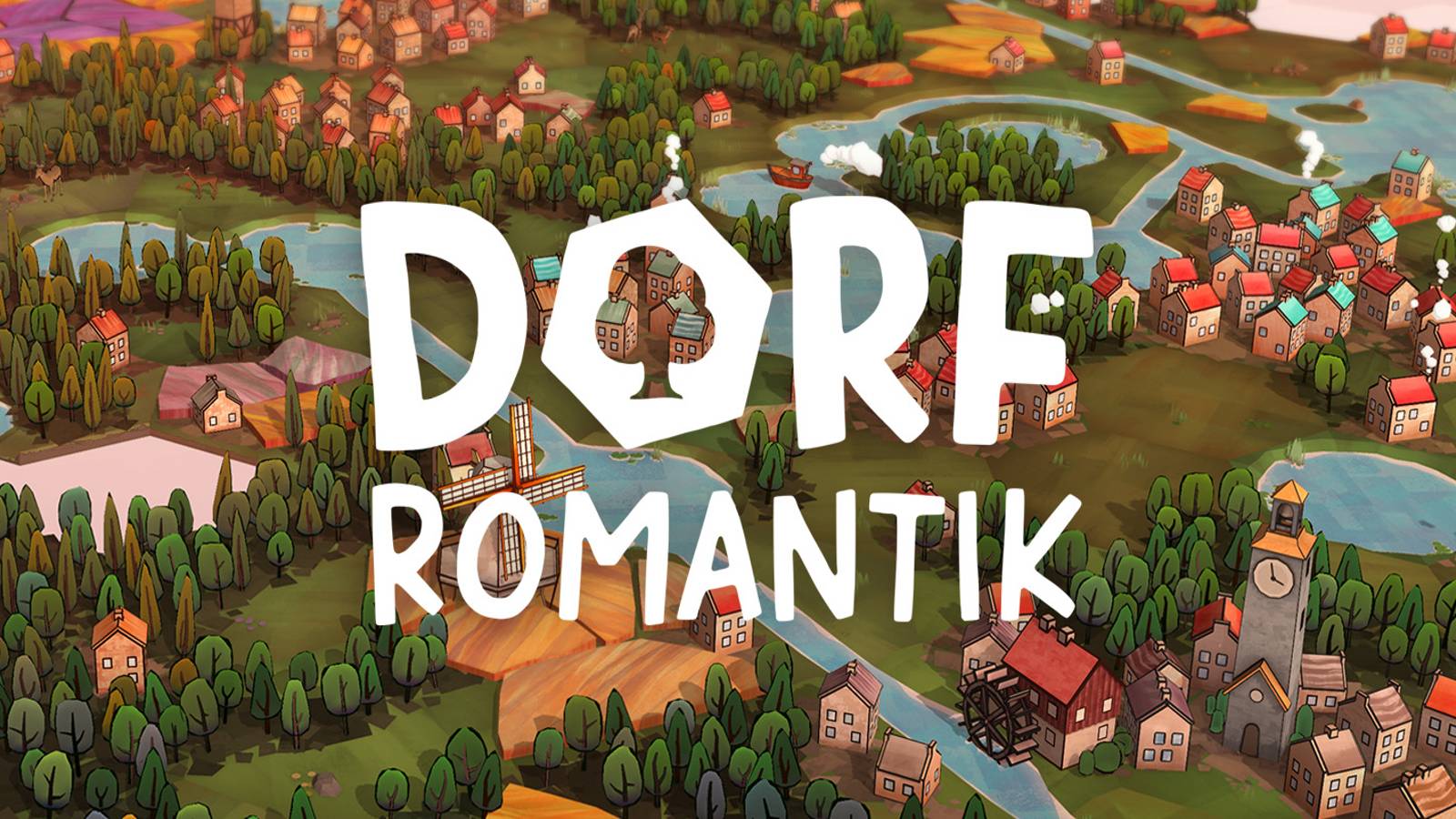 Dorfromantik gameplay overlaid with logo
