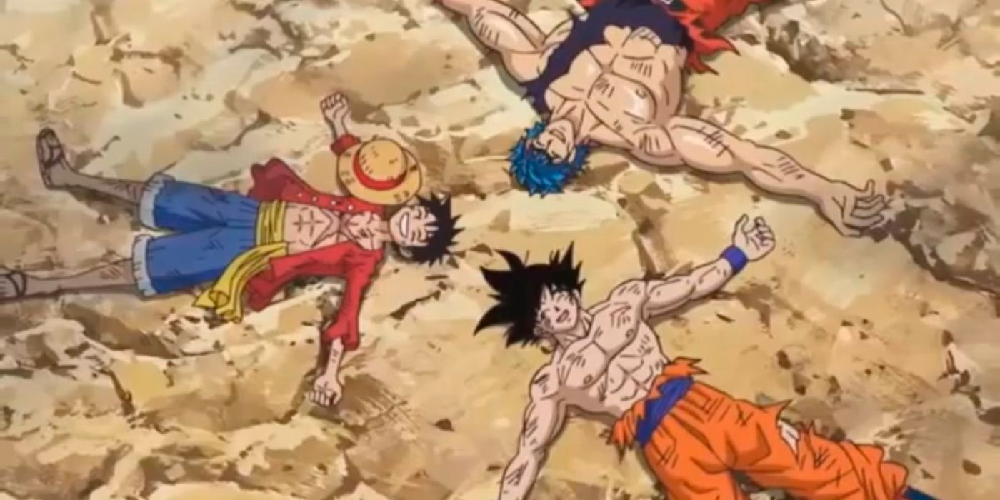 Dream 9 Collaboration Special Goku, Luffy, and Toriko after a fight