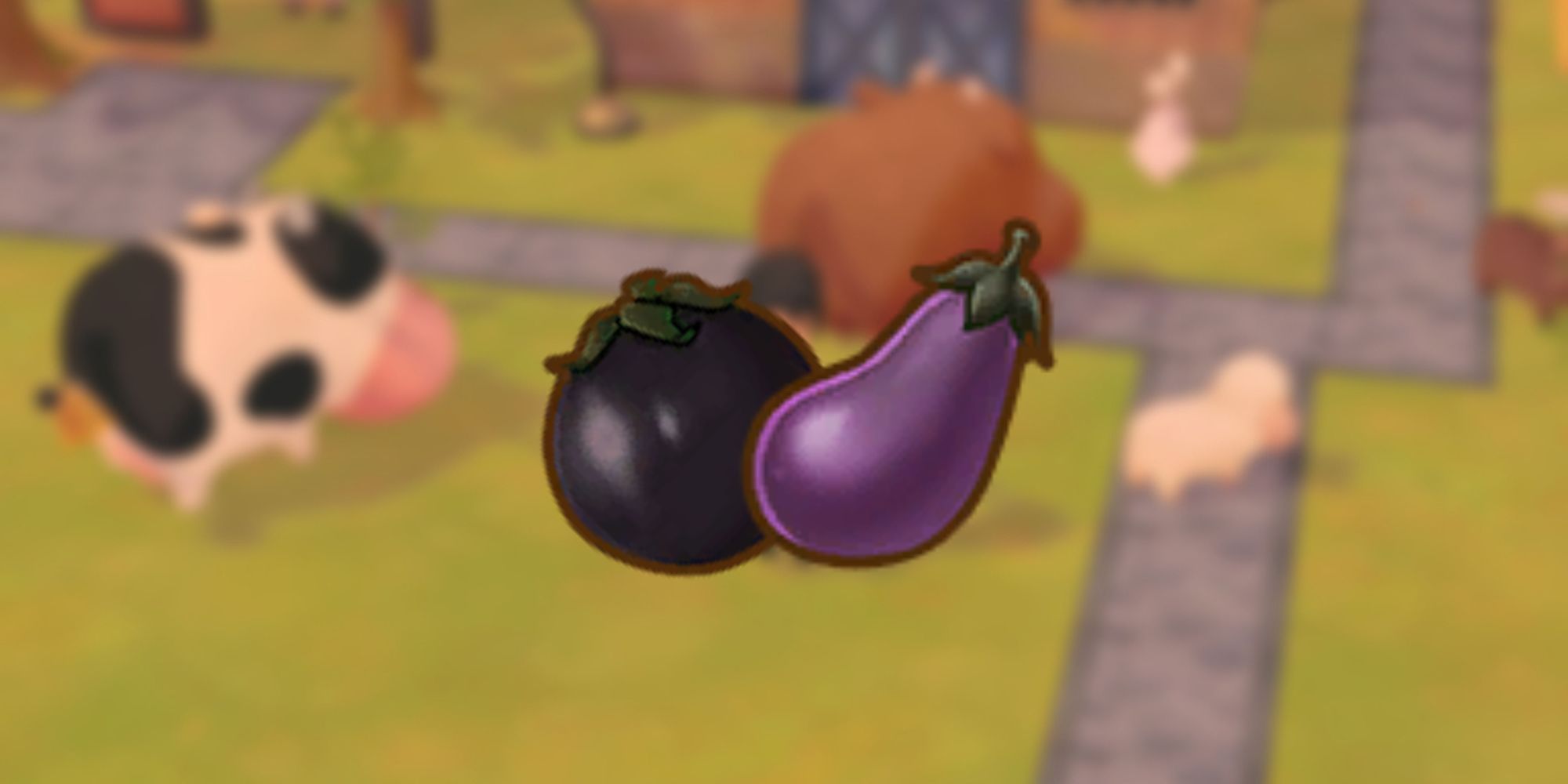 Eggplant and Round Eggplant icon as it would be seen in players inventory over blurred background of player and cows in game