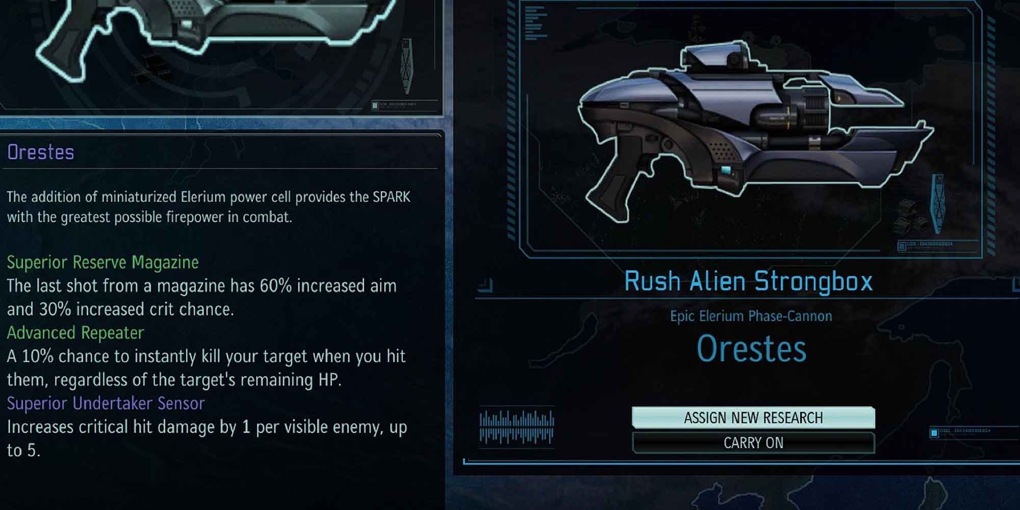 The epic variant of the Elerium Phase Cannon weapon in Xcom 2