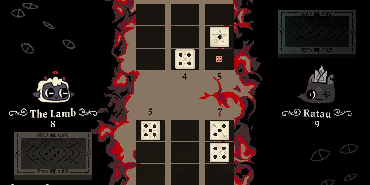 A Knucklebones game in Cult of The Lamb where the player is removing a four from the grid