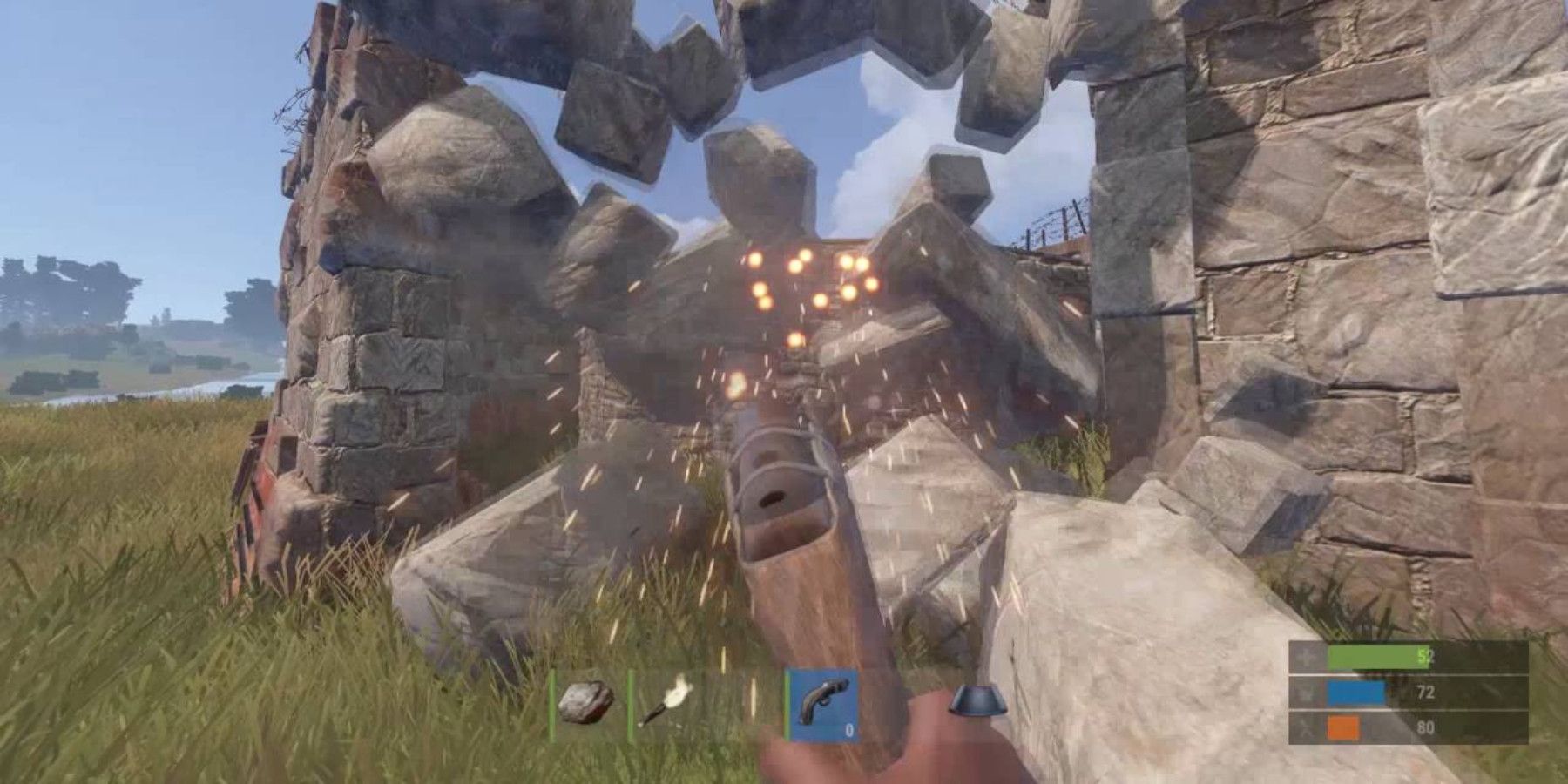 Player destroying a stone wall with an Eoka Pistol from Rust