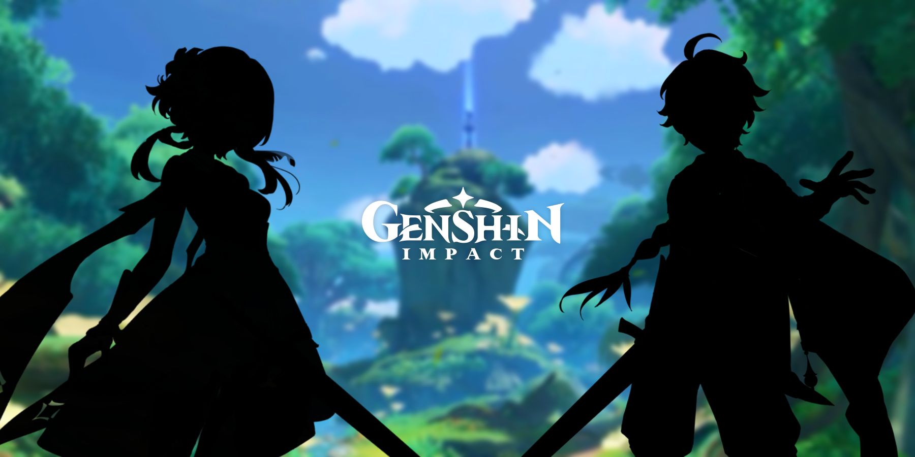 Genshin Impact Lumine Aether silhouettes sumeru background logo