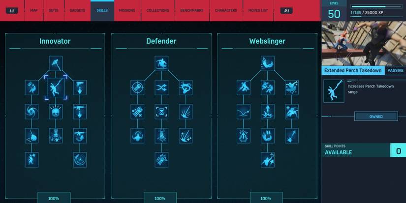 Extended Perch Takedown skill from the Innovator tree in the Marvel's Spider-Man Game