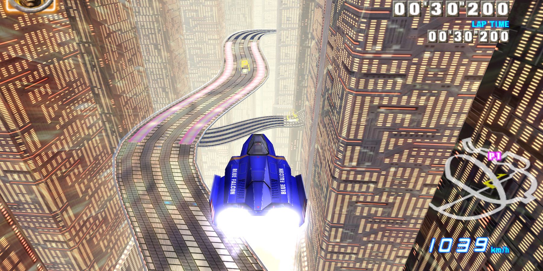 Blue Car Racing above city In F-Zero GX