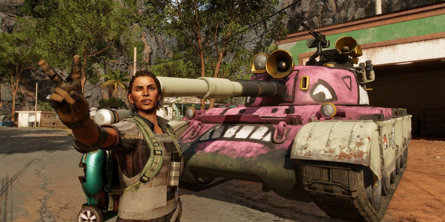Far Cry 6 Senor Pinga pink painted tank and Libertad fighter peace sign