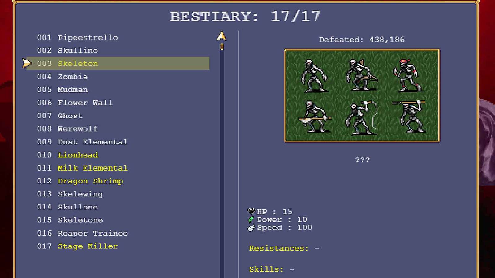 The Bestiary in Vampire Survivors