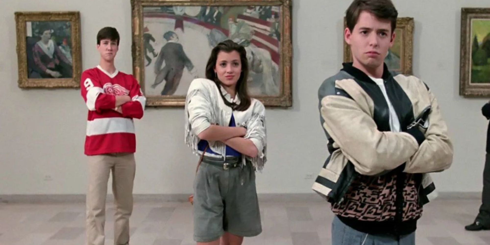 Ferris, Sloane, and Cameron in art gallery