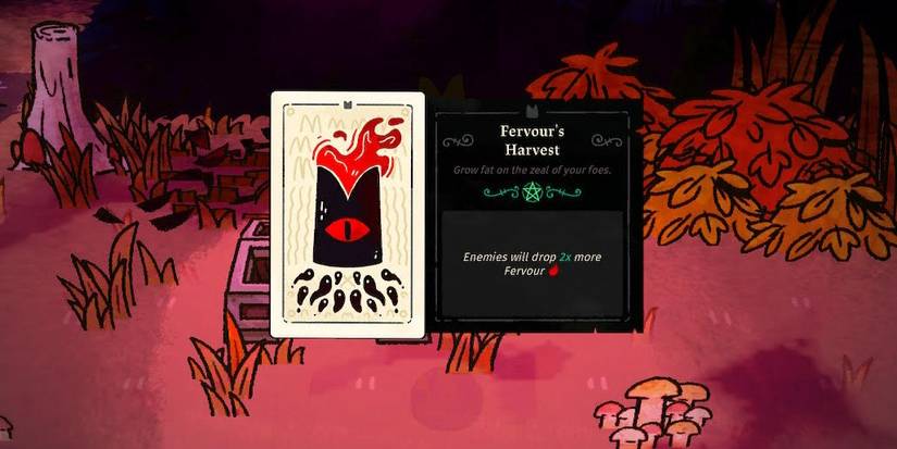 Fervour's Harvest tarot card being picked up out of a chest from Cult of The Lamb