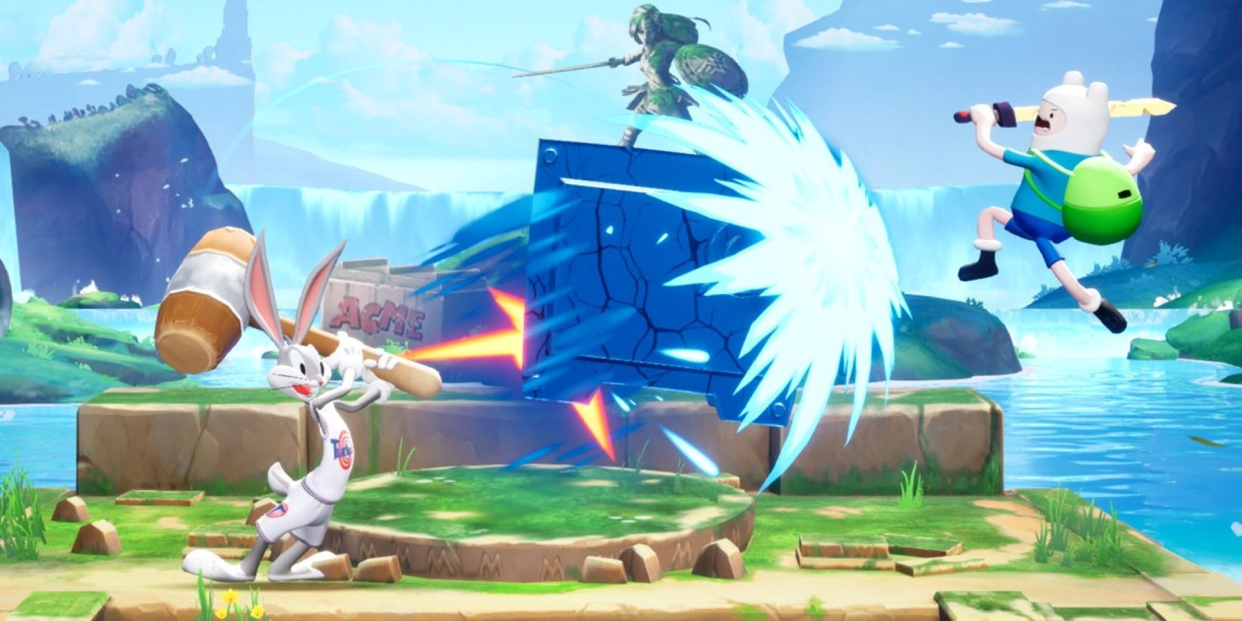 Finn and Bugs Bunny fighting on the Trophy's Edge stage in MultiVersus