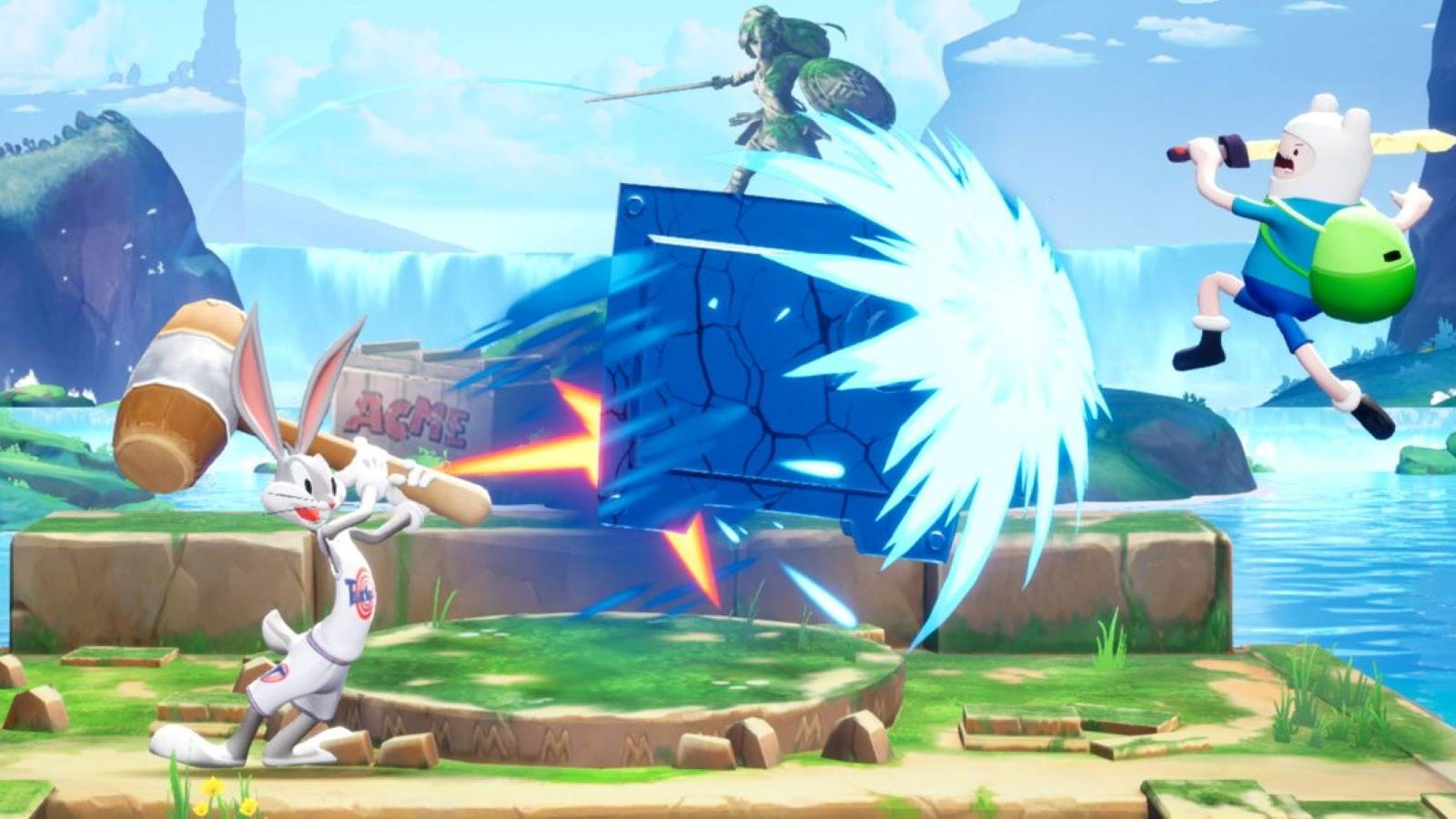 Finn and Bugs Bunny fighting on the Trophy's Edge stage in MultiVersus