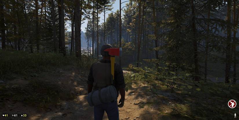 A player standing in a forest with a Fire Axe on their back in Deadside