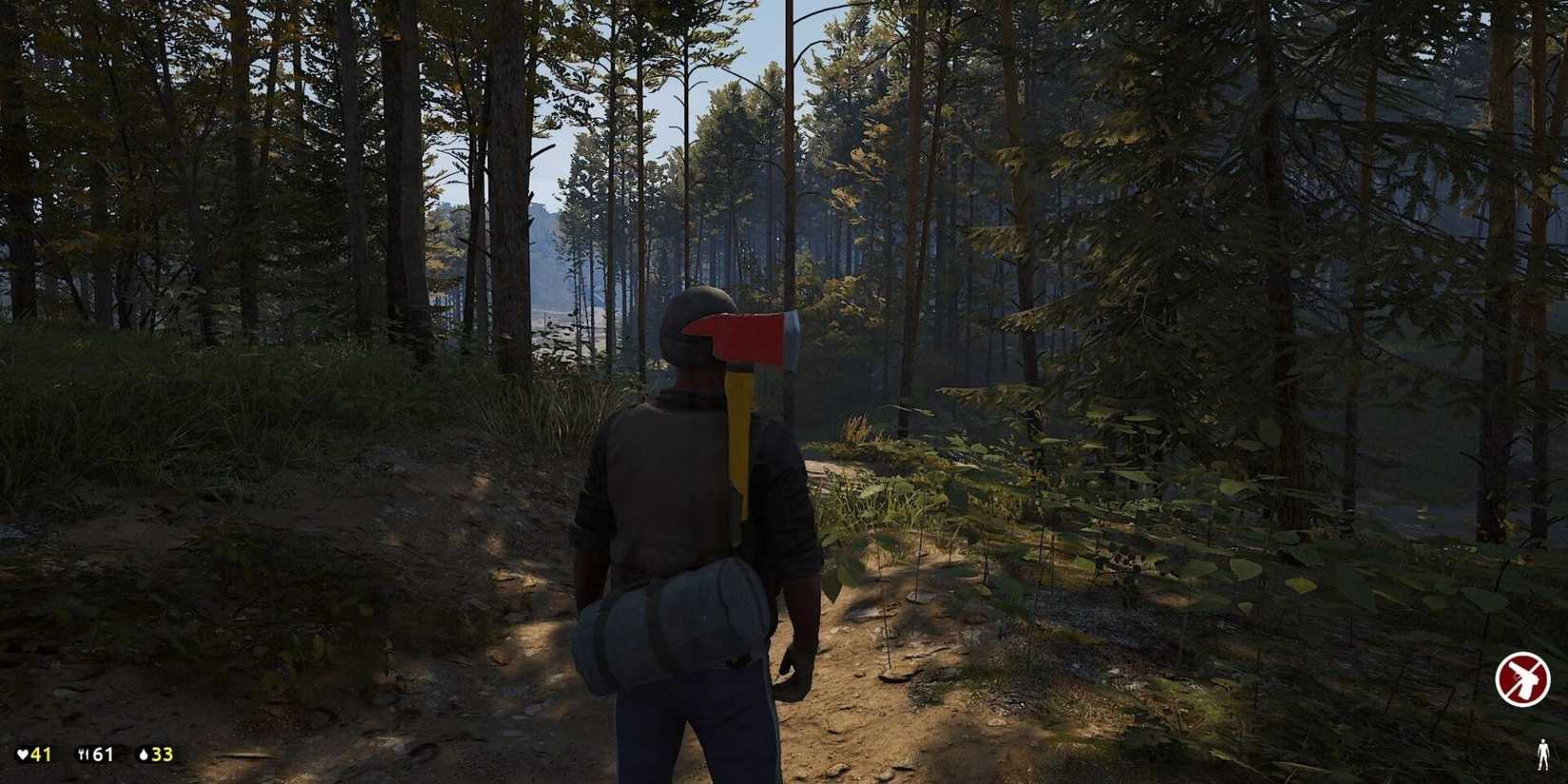A player standing in a forest with a Fire Axe on their back in Deadside