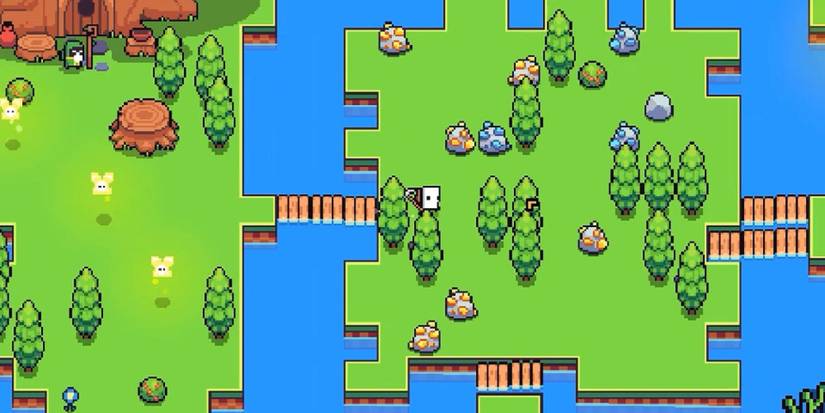 The player in Forager exploring the world with a pickaxe and surrounded by ore-filled rocks