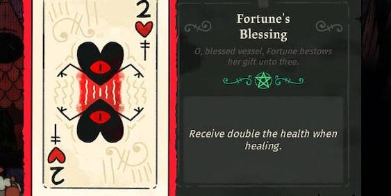 Fortune's Blessing tarot card from Cult of The Lamb, it shows two hearts with a red eye each and arms