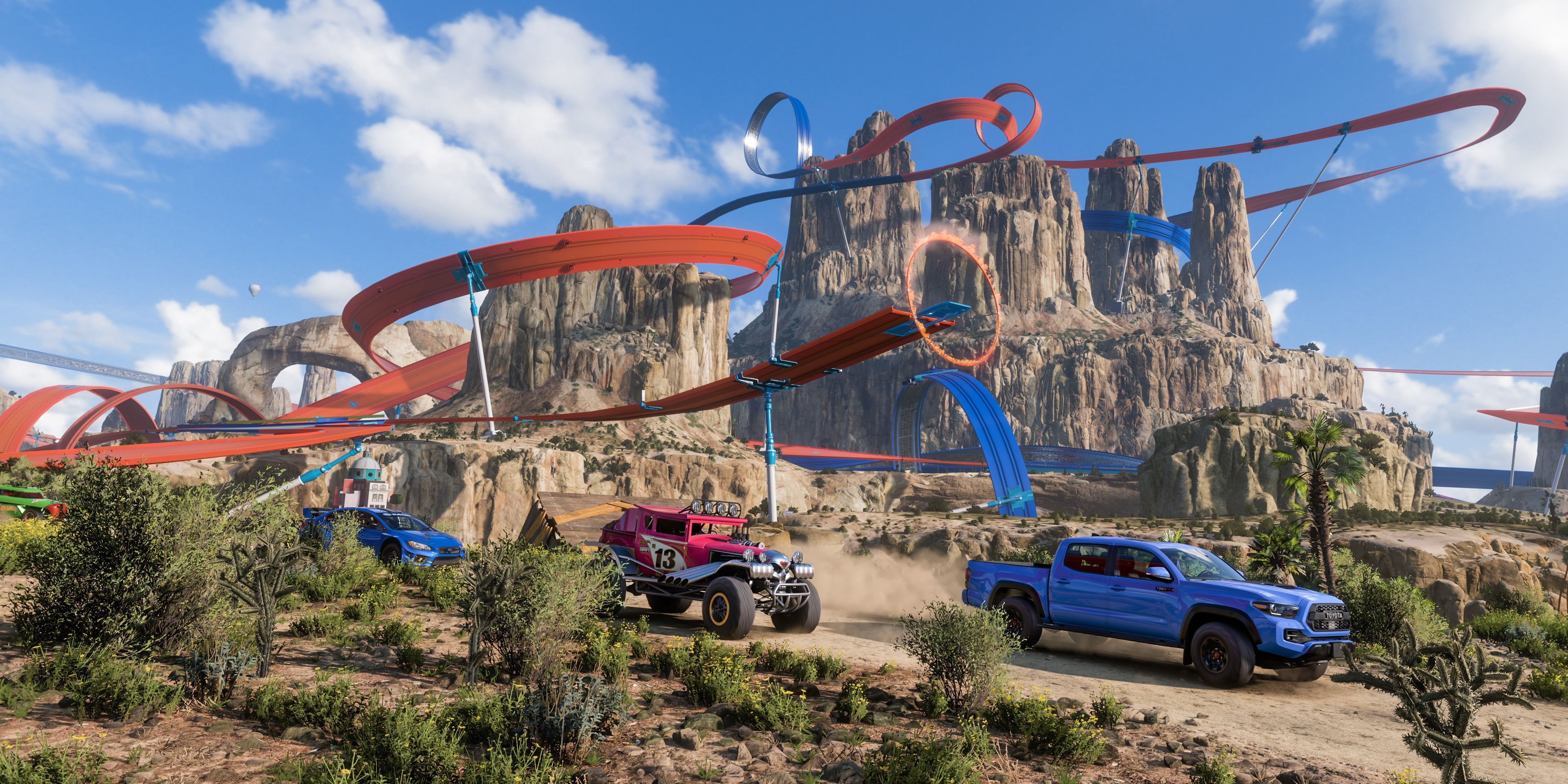 A wide-shot of Hot Wheels tracks floating through the sky in Forza Horizon 5