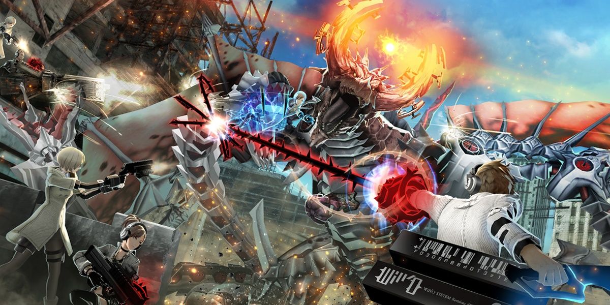 People fighting a giant robot with fire horns on the cover art of Freedom Wars