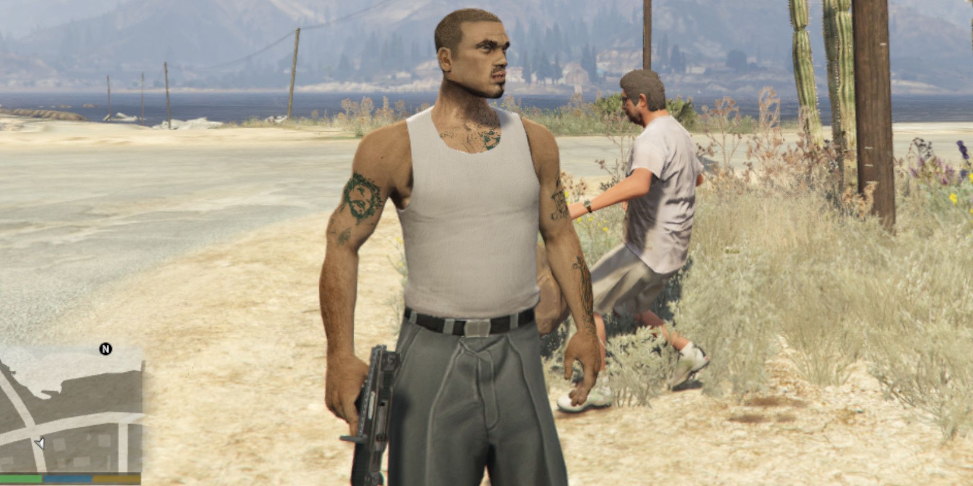 Cesar crosses a universe, standing on a beach in Sandy Shores