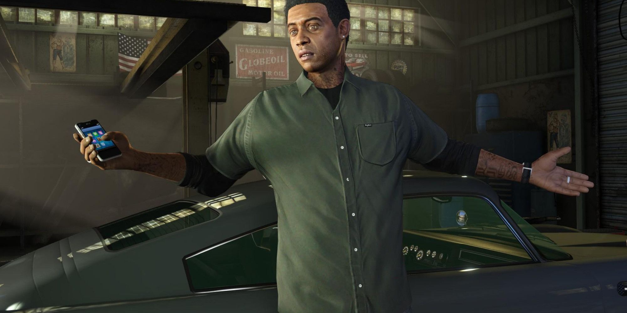 Lamar poses in front of a car