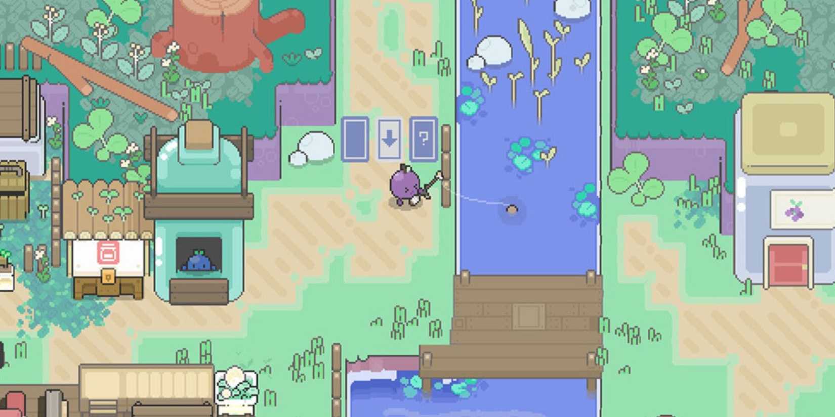 Player fishing in a river in The Grove in Garden Story surrounded by plants and a bridge