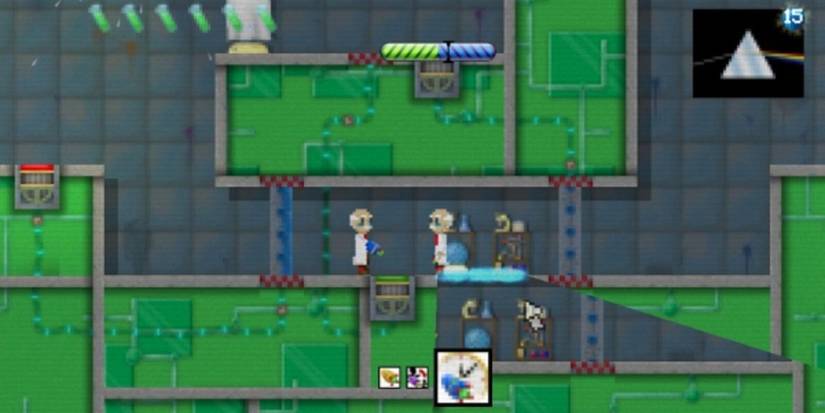 The Professor (center) looking at himself from the past in his lab. Image source: rockpapershotgun.com