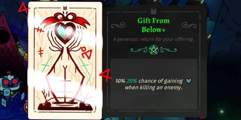 Gift From Below tarot card from Cult of The Lamb, it shows half a blue heart being held up by two skeleton hands, the card shines to show it is a better quality