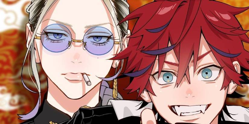 A woman with white hair smoking a cigarette and a young man with red hair smiling with sharp teeth