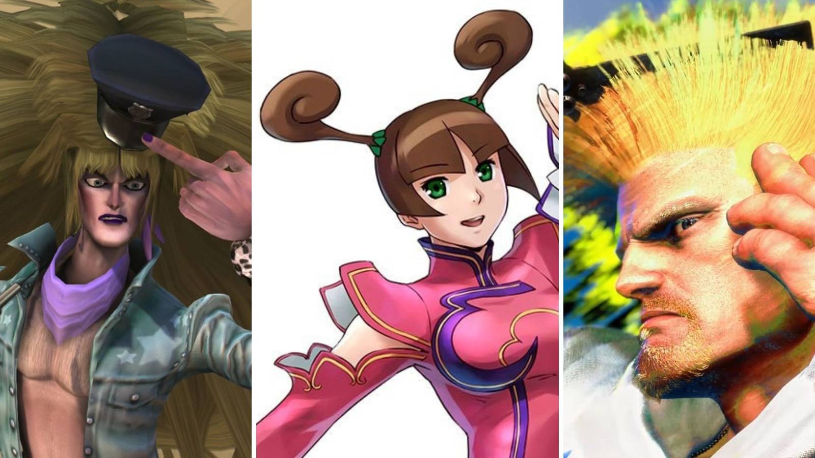 Lionwhyte from Brutal Legend, June Lin Milliam from Star Gladiator and Guile from Tekken 7 posing